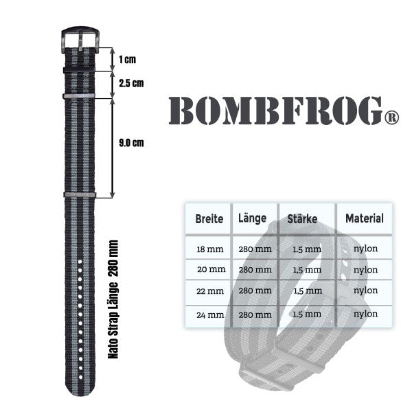 NATO ARMBAND SCHWARZ GRAU MIT SCHWARZER DORNENSCHLIESSE | 22MM