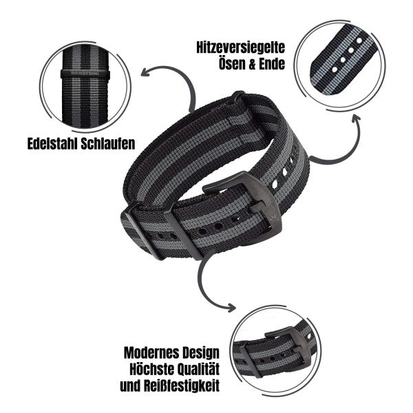NATO ARMBAND SCHWARZ GRAU MIT SCHWARZER DORNENSCHLIESSE | 22MM