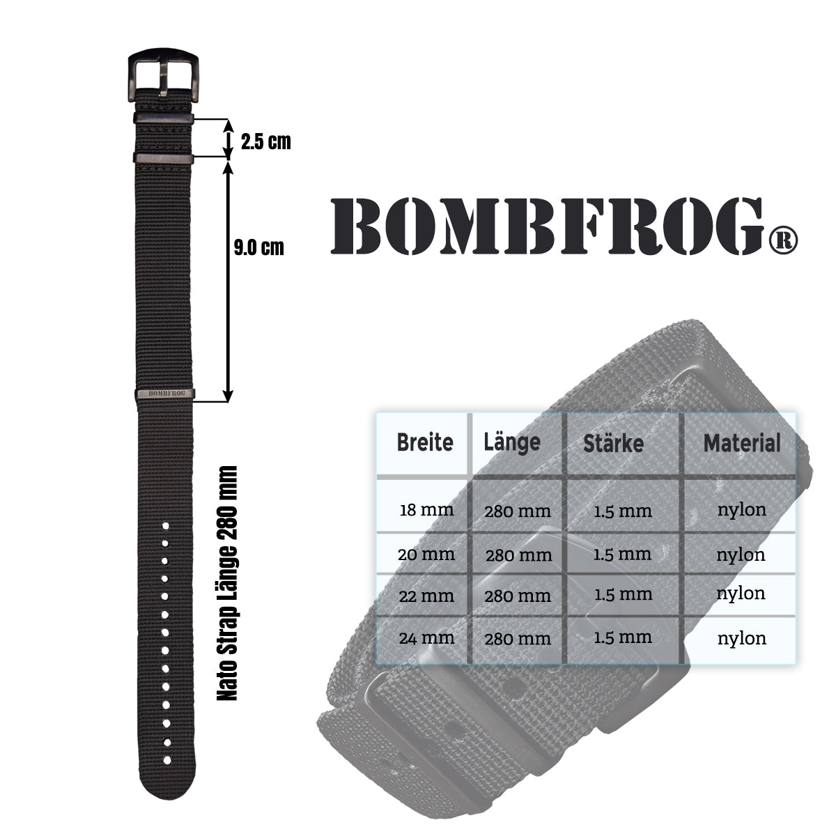 NATO BRACELET BLACK WITH BLACK PIN CLASP | 24MM