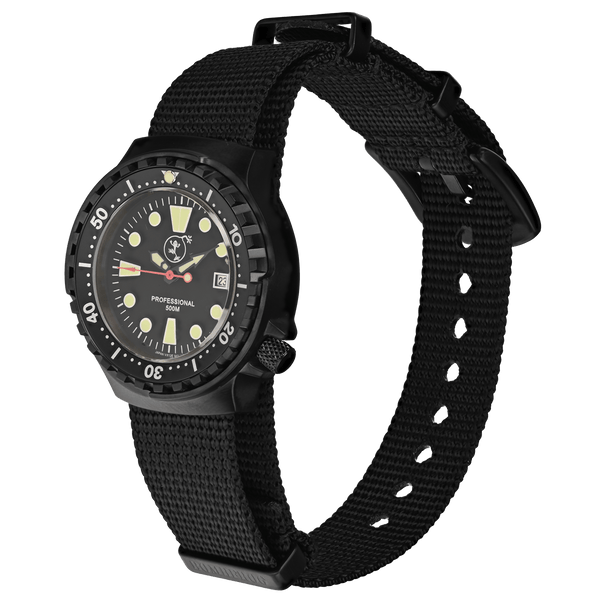 Damen 500m Taucheruhr Edelstahl mit schwarzem NATO Armband