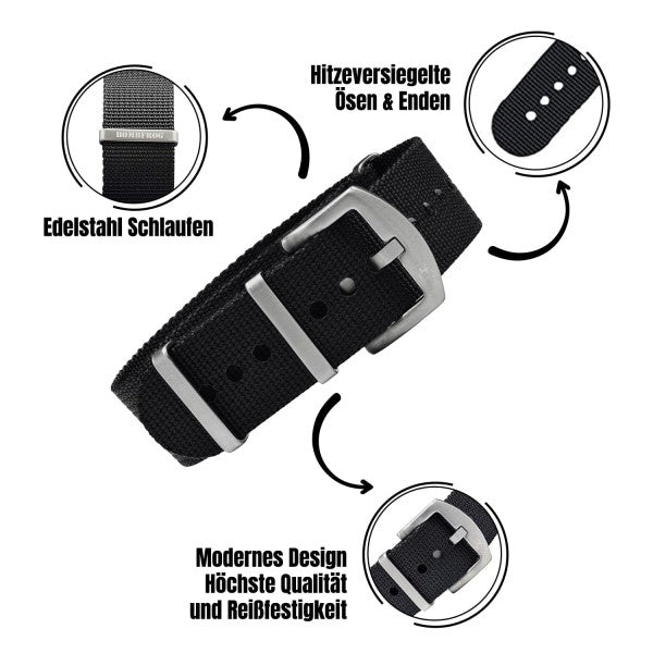 NATO BRACELET BLACK WITH SILVER PIN CLASP | 18MM