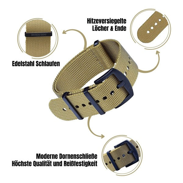 NATO ARMBAND KHAKI MIT SCHWARZER DORNENSCHLIESSE | 24MM