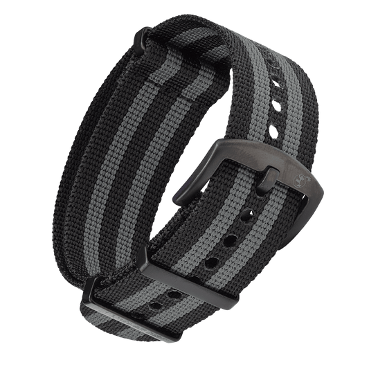 NATO ARMBAND SCHWARZ GRAU MIT SCHWARZER DORNENSCHLIESSE | 20MM