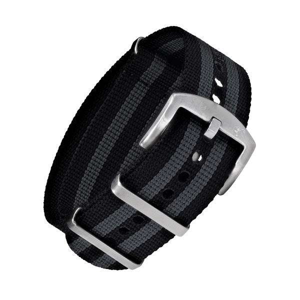 NATO ARMBAND SCHWARZ GRAU MIT SILBERNER DORNENSCHLIESSE 20MM
