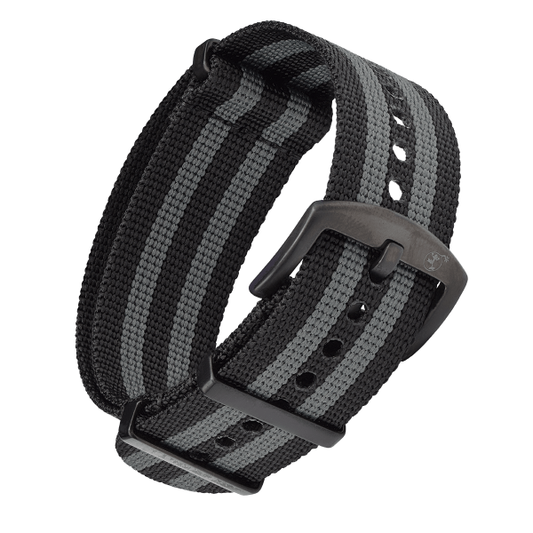 NATO ARMBAND SCHWARZ GRAU MIT SCHWARZER DORNENSCHLIESSE | 18MM