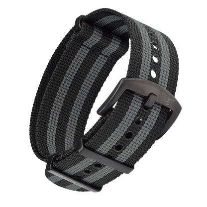 NATO ARMBAND SCHWARZ GRAU MIT SCHWARZER DORNENSCHLIESSE | 22MM